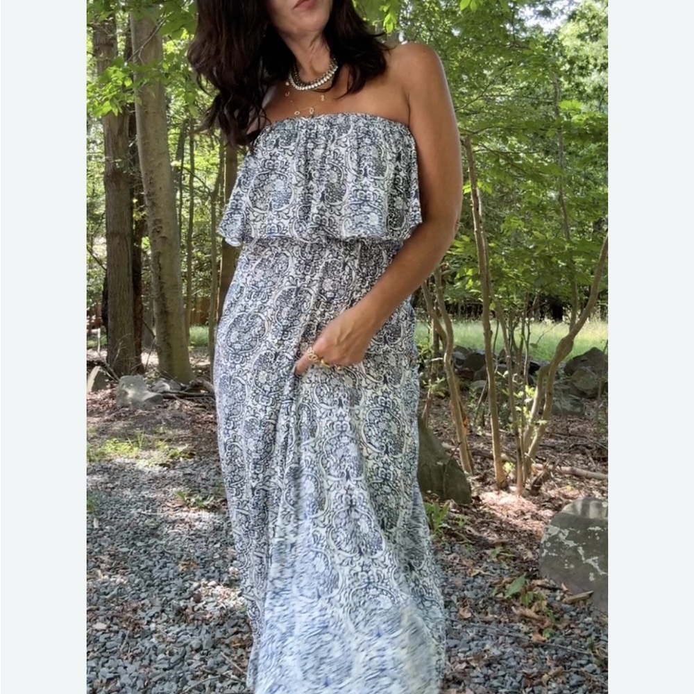 Amazon Yitardon Blue and White Maxi Dress | Ruffle | Strapless